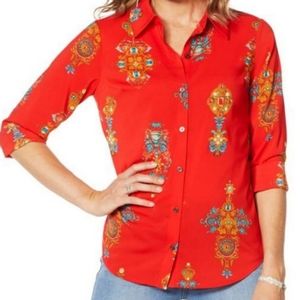 Motto Fashions Red Orange Status Print Chiffon Button Down Size 10